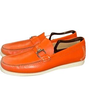 SALVATORE FERRAGAMO LORIEN SAXONY ORANGE LEATHER BOAT LOAFER MEN SZ US 9.5 D